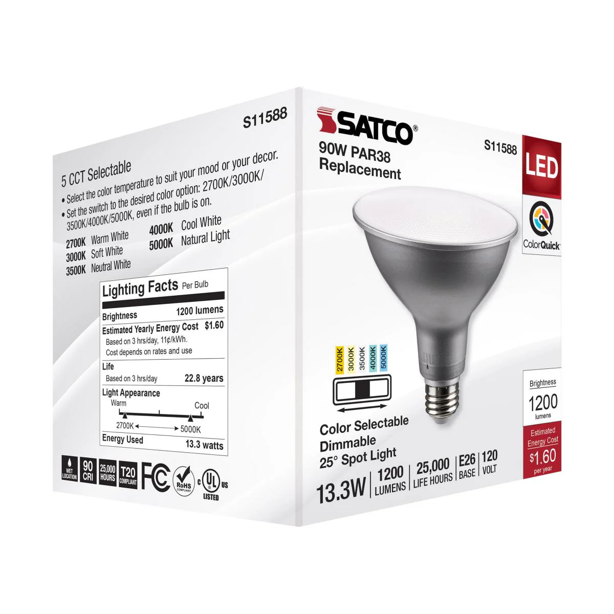 Satco 13.3 Watt PAR38 LED CCT Selectable 1200LM Narrow Flood 25deg Bulb - Image 6