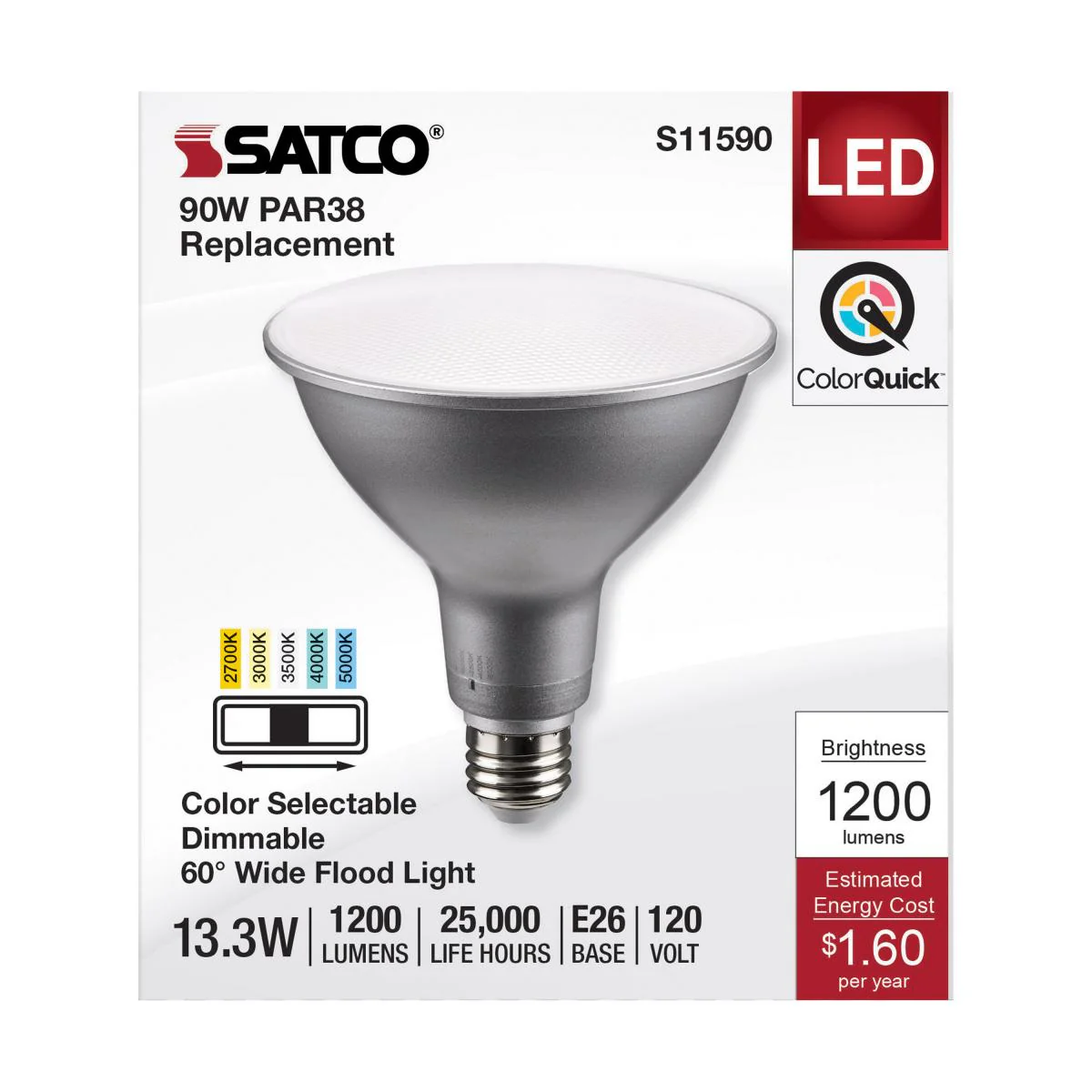 Satco 13.3w PAR38 LED E26 Base 60deg 120v CCT Tunable Silver Finish Bulb - Image 3