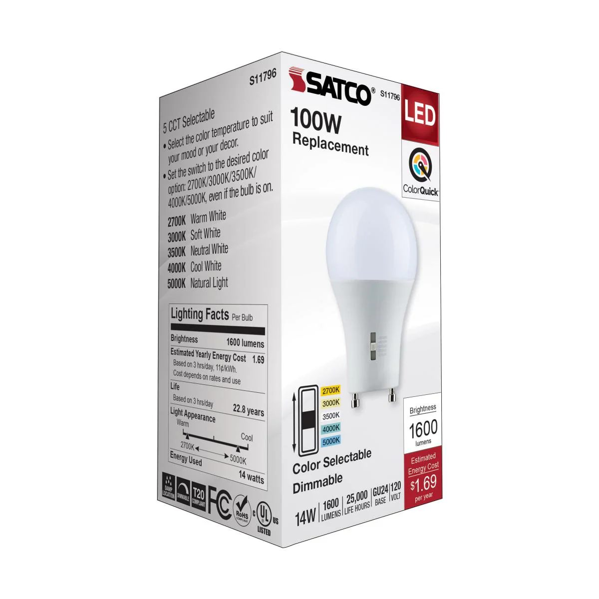 Satco 14w A19 LED Bi Pin GU24 Base 120v CCT Selectable White Finish Bulb - Image 7