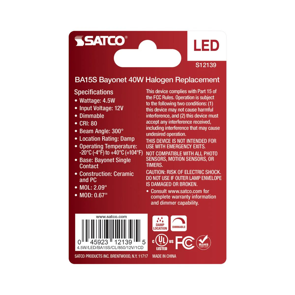 Satco 4.5w 12VOLT Mini LED BA15s Bayonet Single Contact  5000K Clear Finish Bulb - Image 3