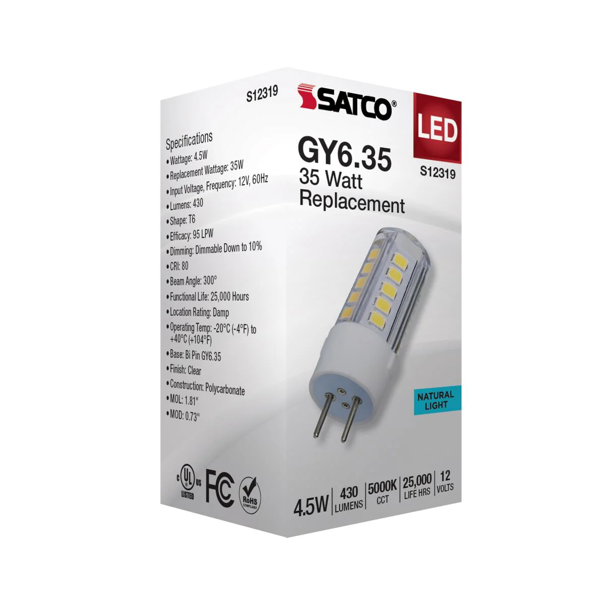 Satco 4.5w T6 LED 12v GY6.35 Base 5000K Clear Finish Bulb - Image 5
