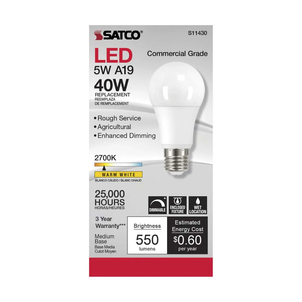 Satco 5w A19 LED Commercial Grade Agriculture Bulb 2700K 120v - 40w-equiv - Image 2