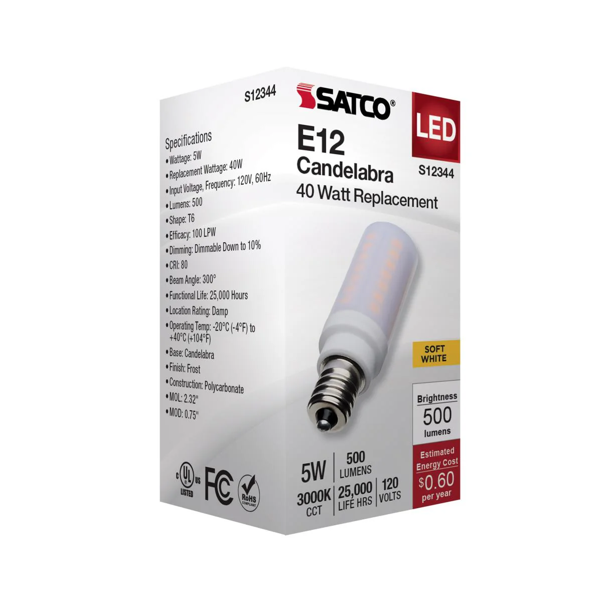 Satco 5w T6 LED 120v E12 Base 3000k Frosted Finish Bulb - Image 5