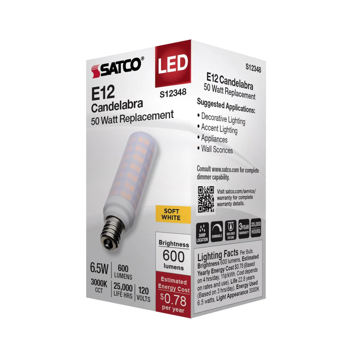 Satco 6.5w T6 LED 120v E12 Base 3000k Frosted Finish Bulb - Image 4