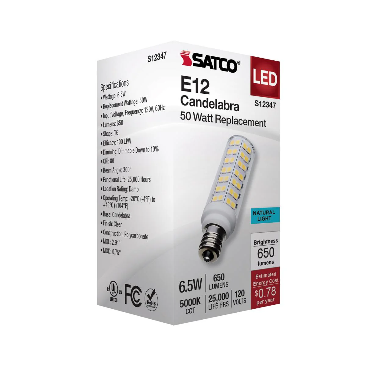 Satco 6.5w T6 LED 120v E12 Base 5000k Clear Finish Bulb - Image 5