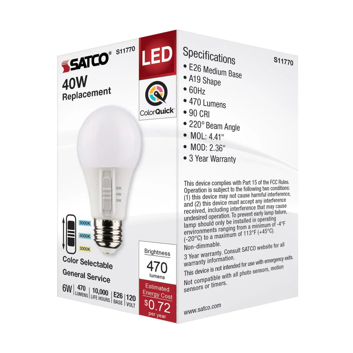 Satco 6w A19 LED 120v CCT Selectable 90 CRI White Finish Bulb - Image 6