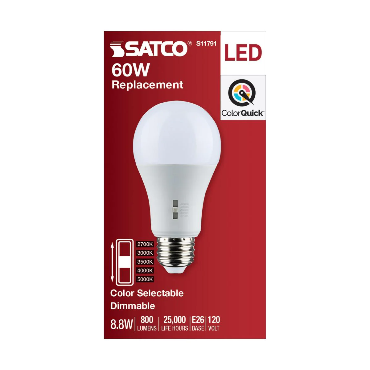 Satco 8.8w A19 LED Medium Base 120v CCT Selectable White Finish Bulb - Image 5