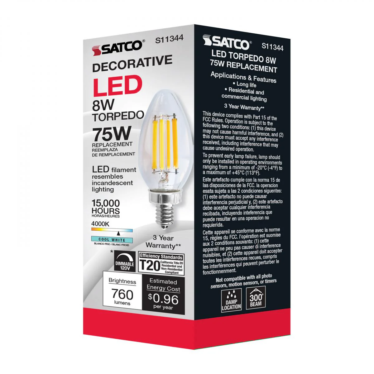 Satco 8w C11 LED 760Lm 4000K 120v Clear Finish Candelabra Base Bulb - Image 6