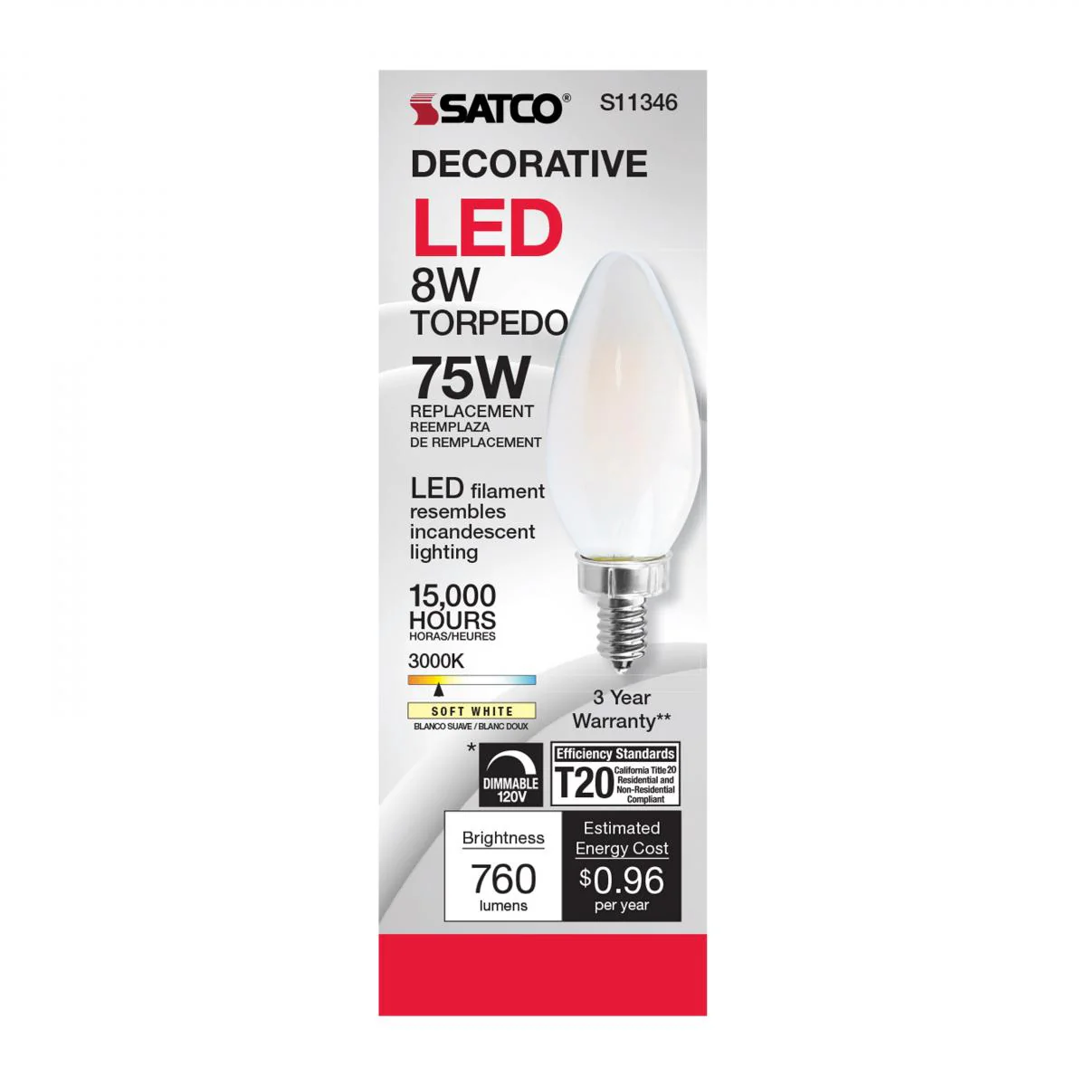 Satco 8w C11 LED 800Lm 3000K 120v Frosted Finish Candelabra Base Bulb - Image 3
