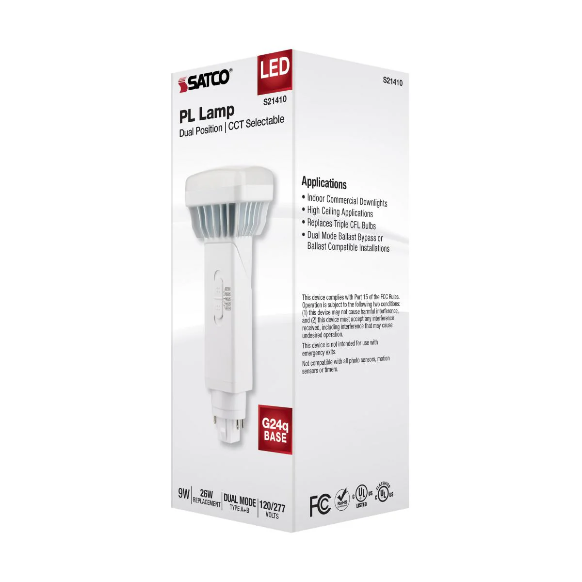 Satco 9w PL 4-Pin LED 1100Lm G24q Base 120-277v CCT Selectable White Finish Bulb - Image 6
