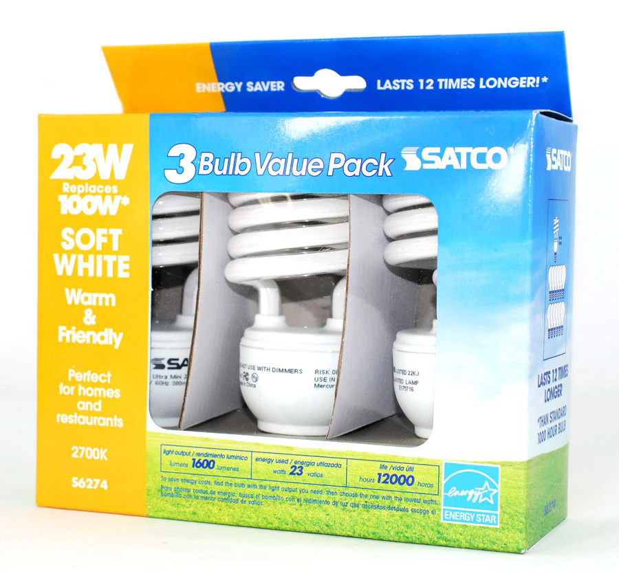 Satco S6274 3 Pack - 23W T2 Ultra Mini Spirals Screw-In 2700K fluorescent bulb