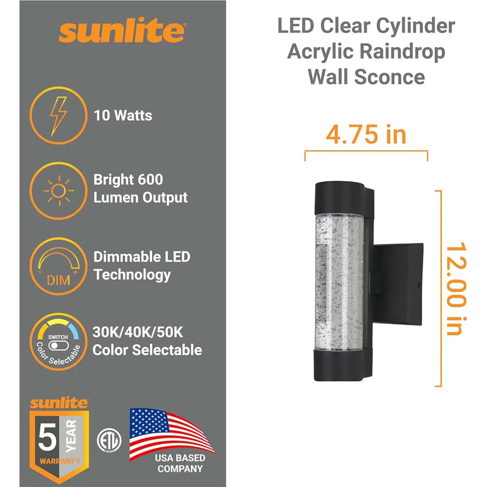 Sunlite 12-In 10w LED Clear Acrylic Cylinder Up/Down Wall Sconce Fixture 120v - Image 2