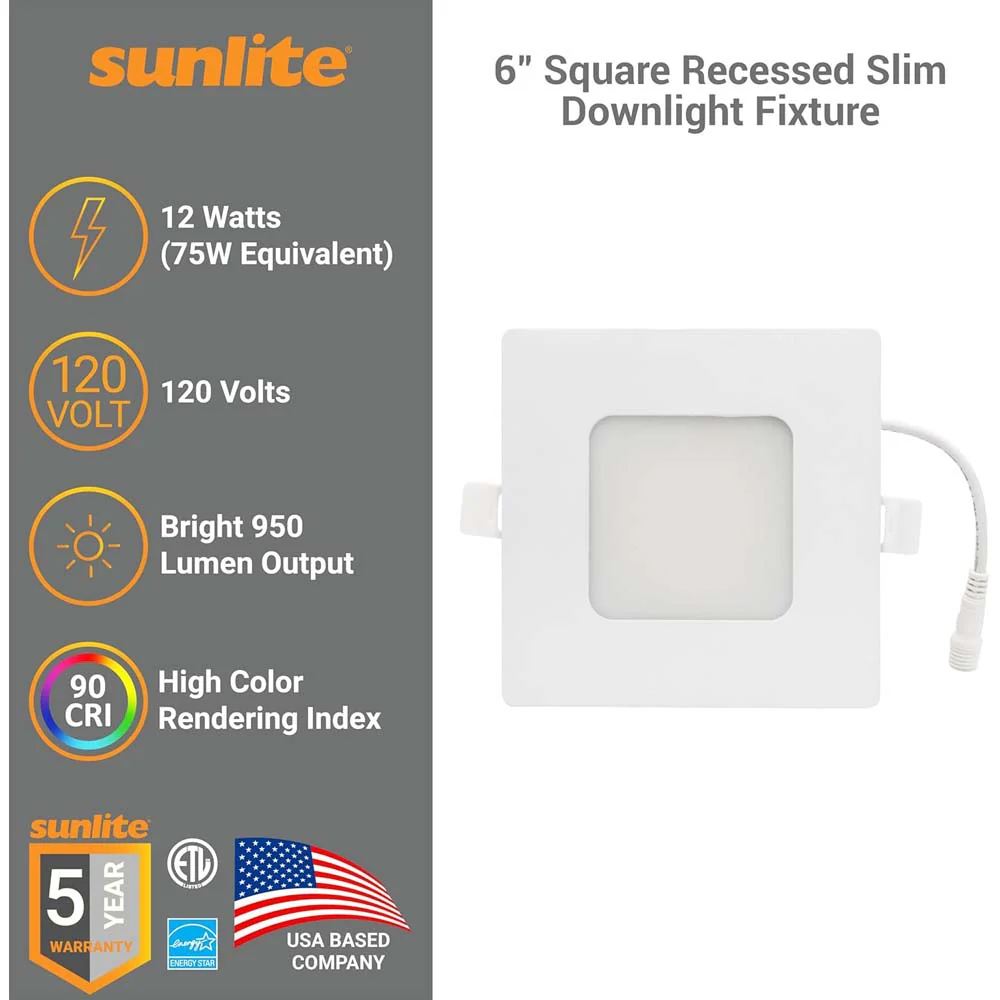 Sunlite 12w LED 6-in Square Recessed Slim Downlight CCT Selectable - 75W equiv - Image 3