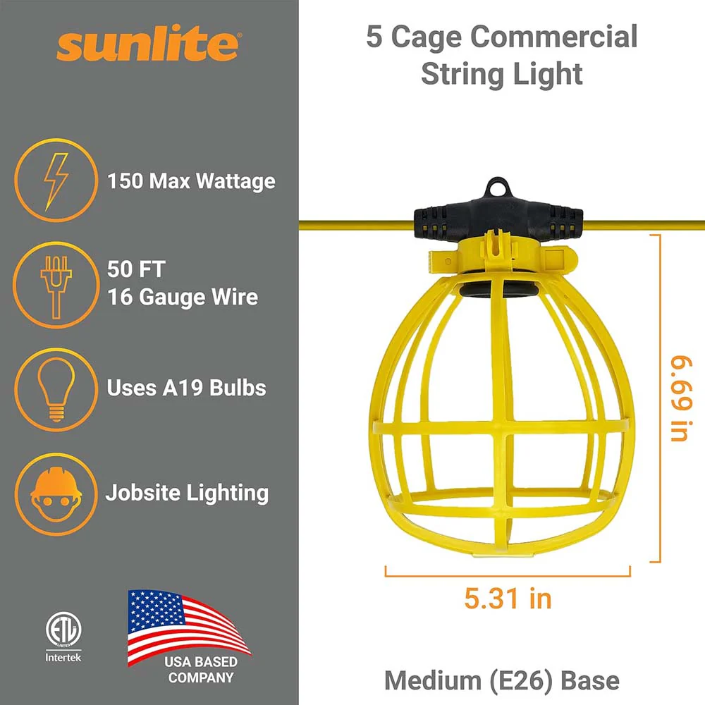 Sunlite 150w 50F Commercial Grade Cage String Light R26 Base 5-Sockets Bulb - Image 3