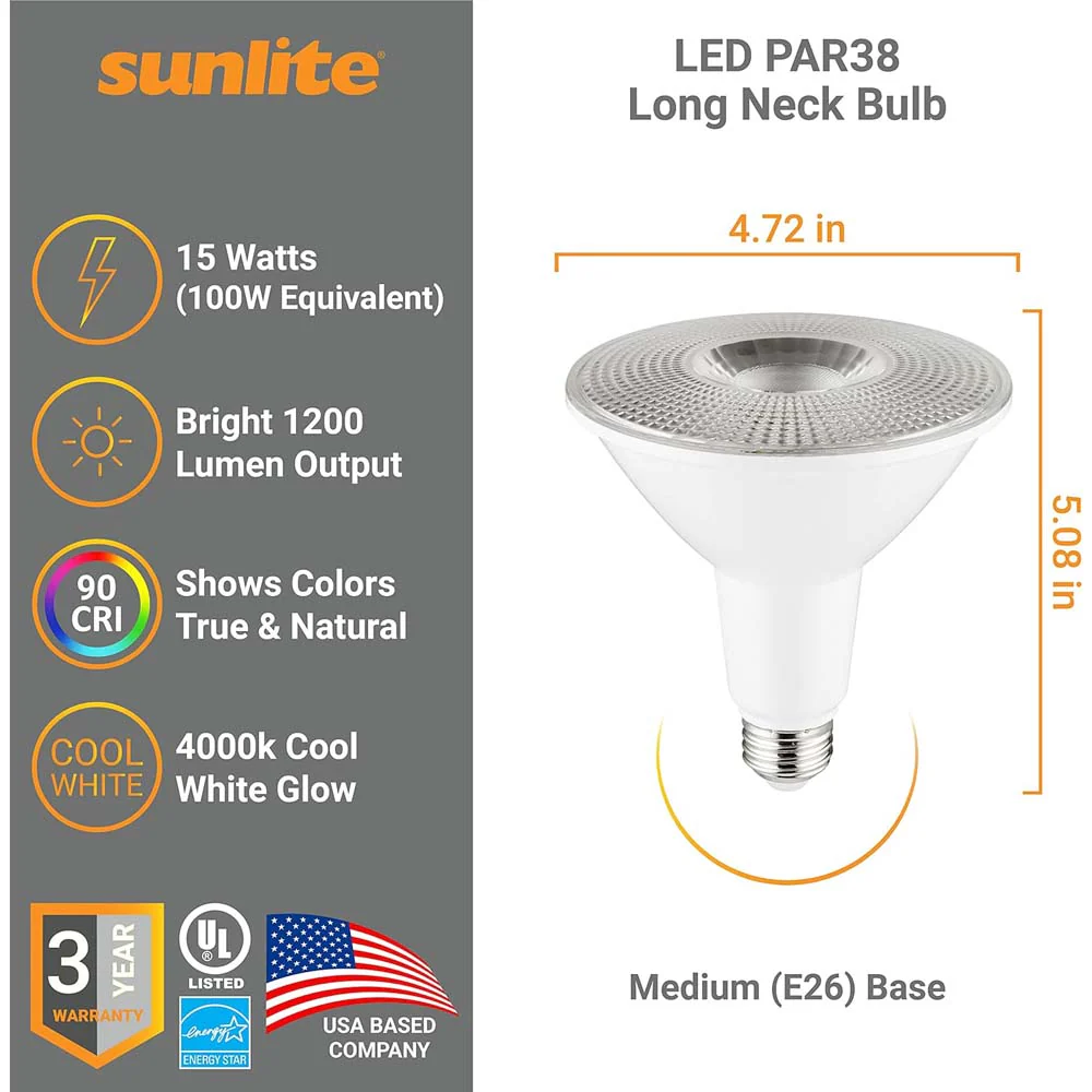 Sunlite 15w LED PAR38 Long Neck E26 Dimmable 5000K Spot Bulb - 100W Equiv - Image 2