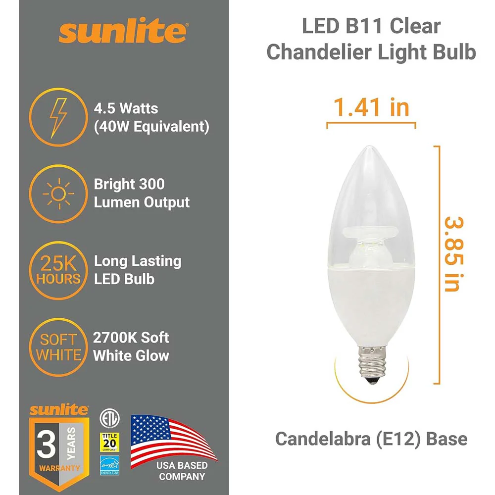 Sunlite 4.5w LED B11 Clear Chandelier CTC E12 Base 2700K Bulb - 40W Equiv - Image 2