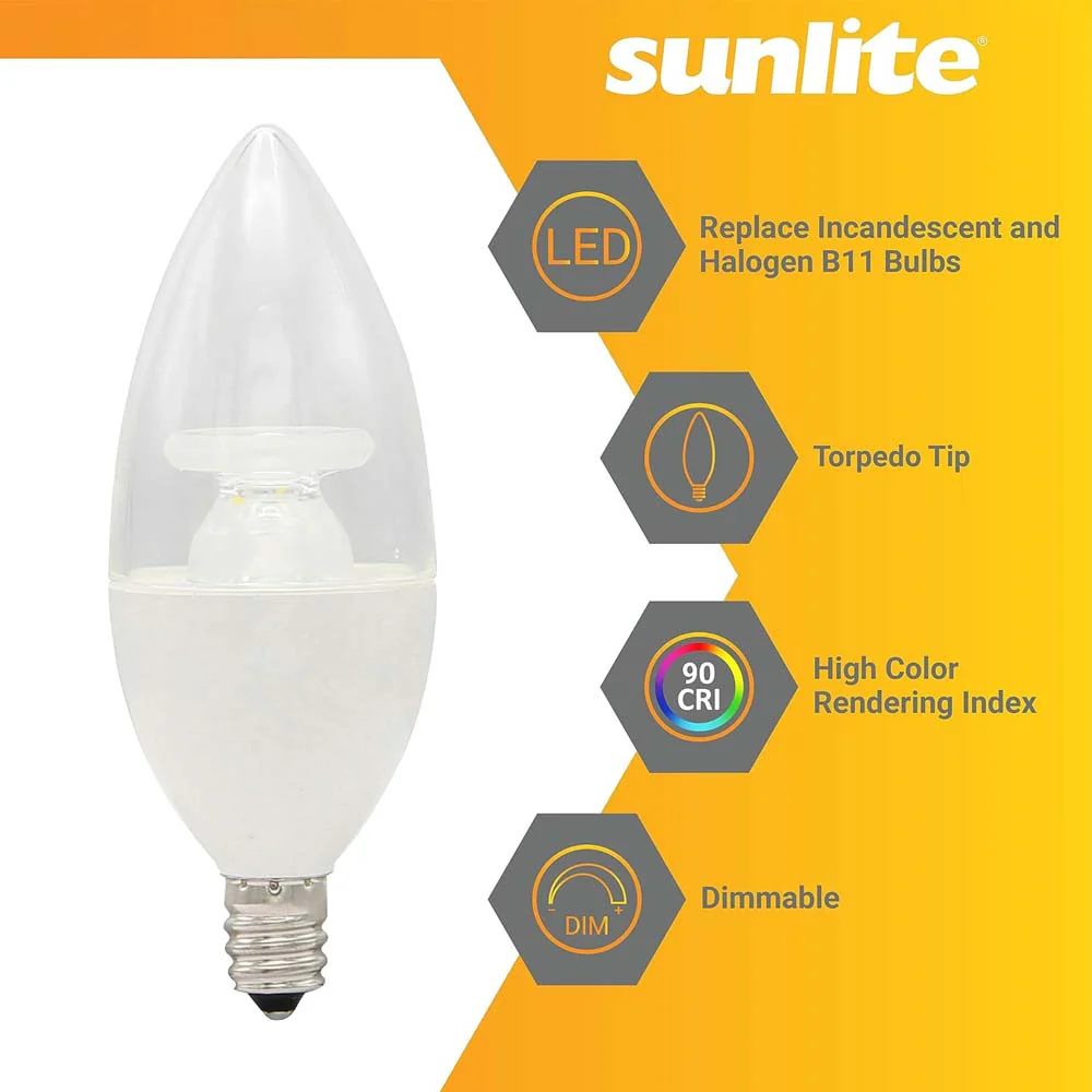 Sunlite 4.5w LED B11 Clear Torpedo Tip Chandelier E12 4000K Bulb - 40W Equiv - Image 2