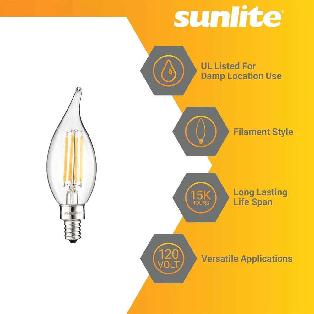 Sunlite 4w LED Filament Flame Tip Chandelier E12 2700K Bulb - 40W Equiv - Image 3
