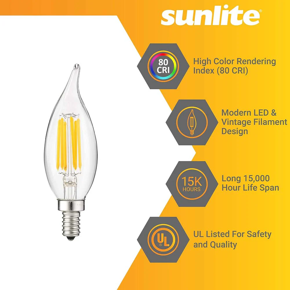 Sunlite 5w LED Filament CA11 Flame Tip Chandelier E12 5000K Bulb - 60W Equiv - Image 3