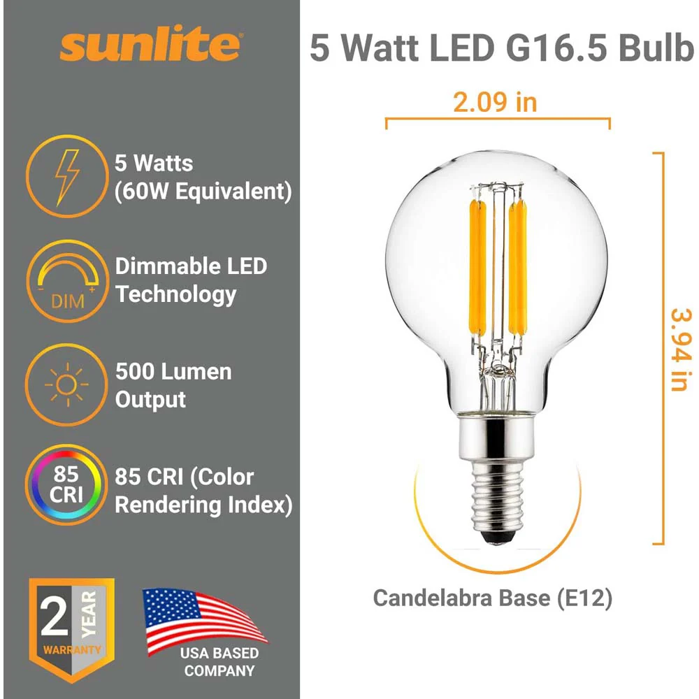 Sunlite 5w LED G16.5 Filament Style Globe E12 Base 3000K Bulb - 60W Equiv - Image 2