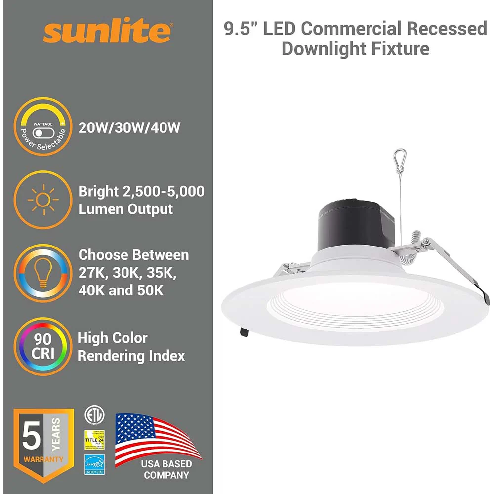 Sunlite 9.5-in LED Commercial Recessed Downlight CCT Wattage Selectable Fixture - Image 2