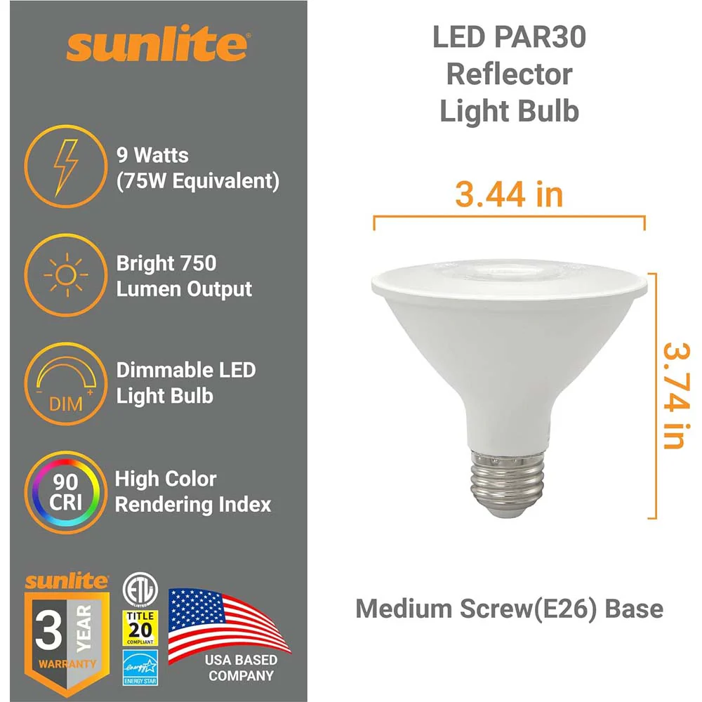 Sunlite 9w LED PAR30 750Lm E26 Base 3000K Warm White Reflector Bulb - 75w equiv - Image 2