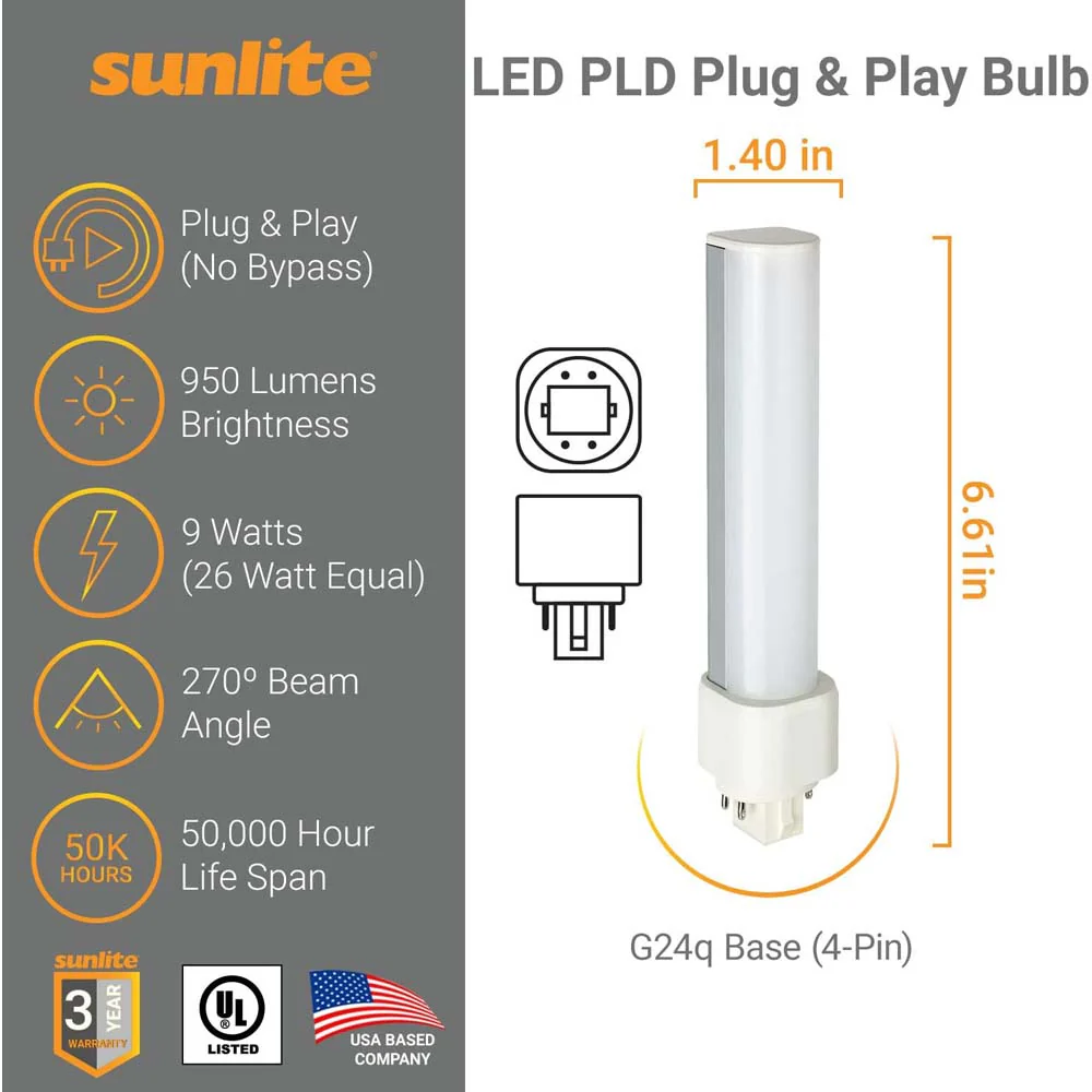 Sunlite 9w LED PLD G24q Base Ballast Dependant 3500K Bulb - Neutral White - Image 2