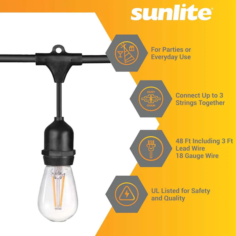 Sunlite 48ft 22.5W LED S14 Waterproof 15 Sockets 2700K Outdoor String Light Bulb - Image 4