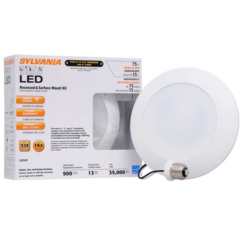 Sylvania 13w Dimmable LED 900Lumen 3000K Recessed and Surface Mount Downlight Kit