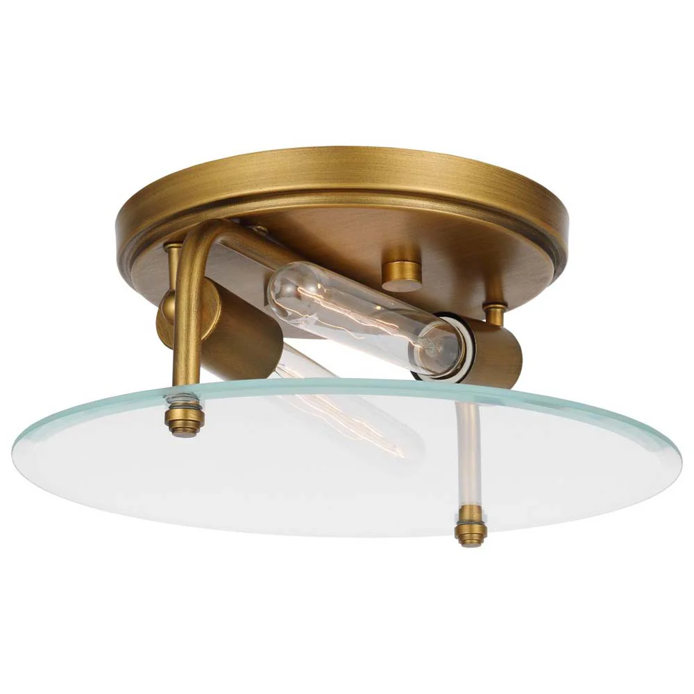 Teton 60w 2-Light Flush Mount Clear Beveled Glass E26 Base Natural Brass Finish